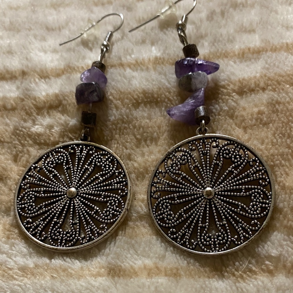 Silver and Purple Amethyst chips and Dangle Earrings